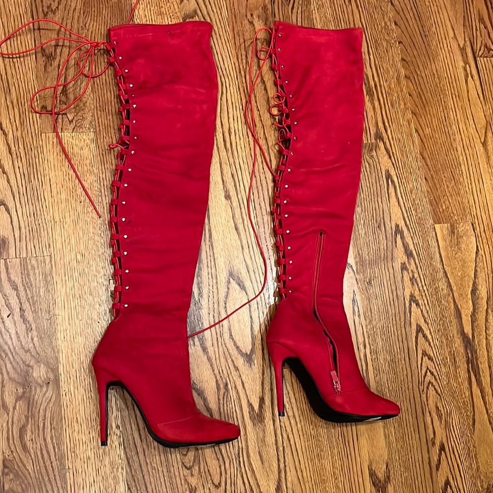 Brand new size 6.5 red lace up thigh high boots, 4.5 inch heel